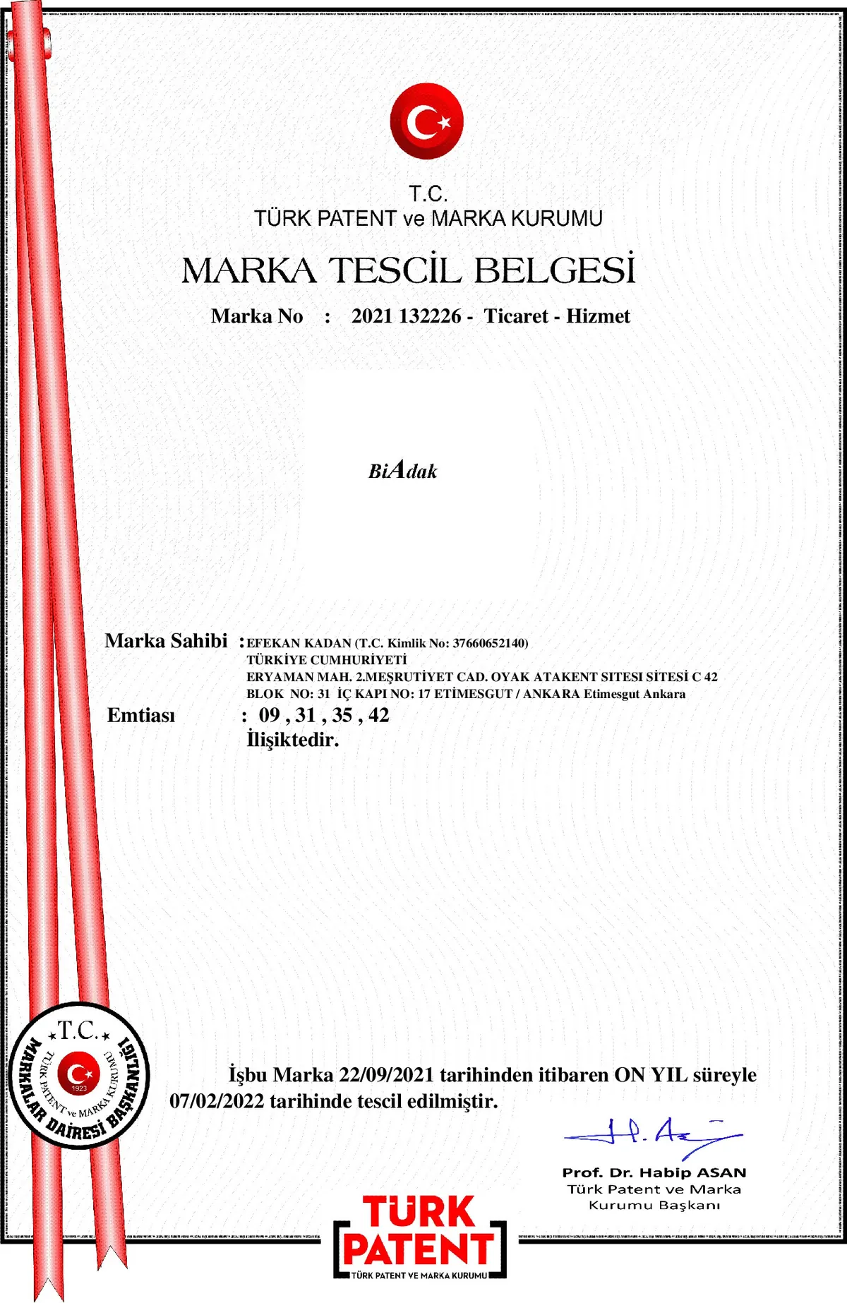 Bi'Adak Türk Patent ve Marka Kurumu marka tescil belgesi